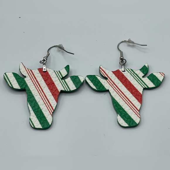 Leather Striped Cow-Shaped Earrings in Red, Green, and White - Picture 1 of 3
